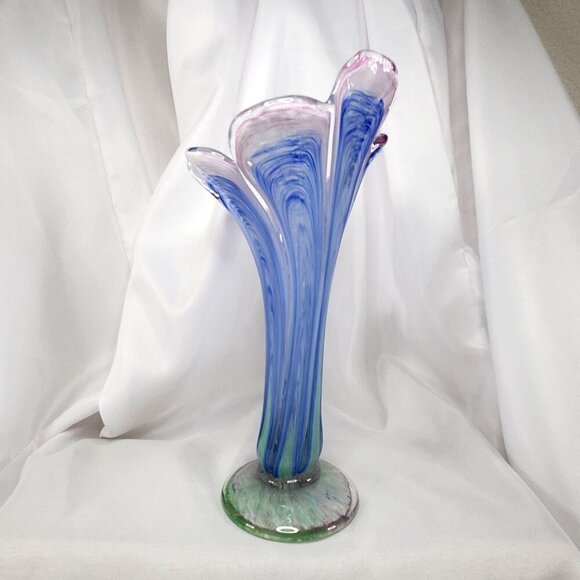 Handblown Art Glass Vase Pink & Blue Swirl Design Pulled Swung Glass 9.5"Tall - Picture 5 of 16